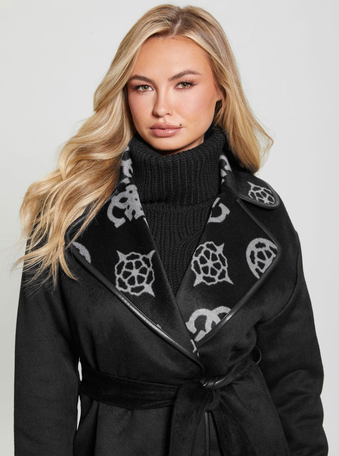 Black Ludovica Logo Wrap Coat | GUESS Women's Apparel | detail view