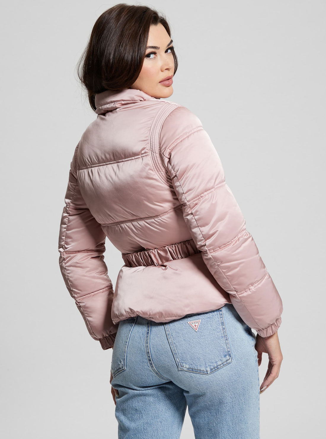 GUESS Pink Lucia Bum Bag Puffer Jacket side view