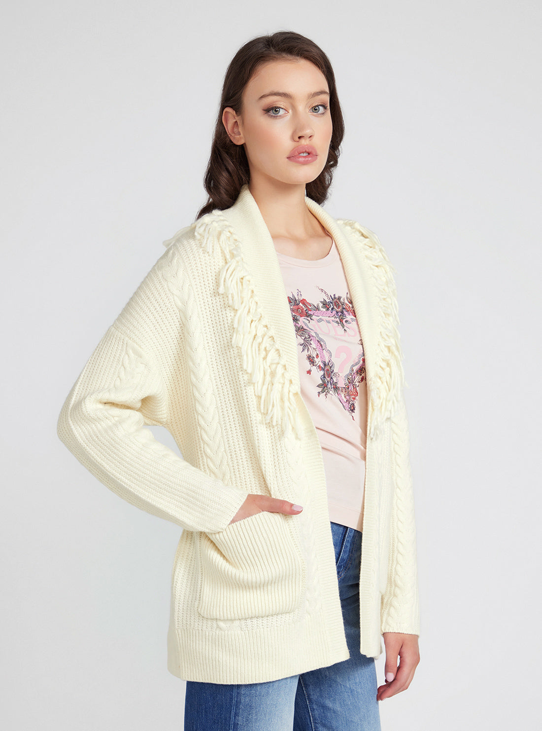 GUESS Cream White Long Sleeve Cardigan Sweater side view