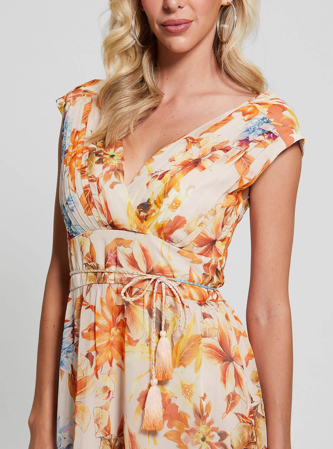 Orange Floral Gilda Maxi Dress | GUESS Women's Apparel | detail front view