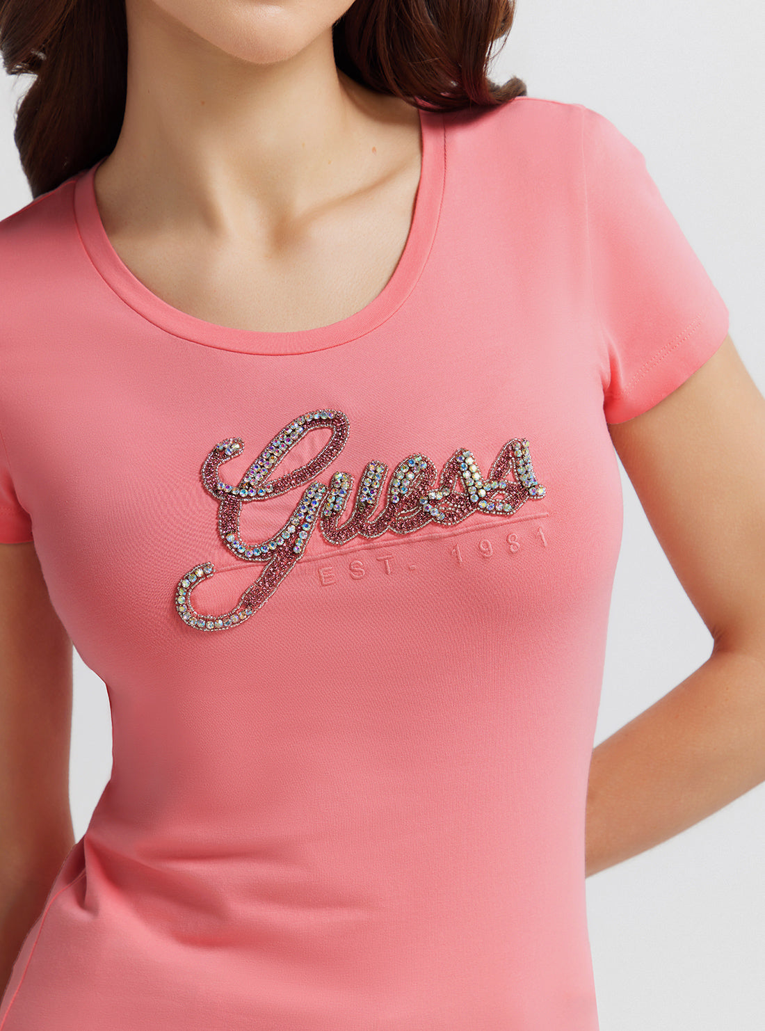 Eco Pink Rhinestone Logo T-Shirt | GUESS Women's | detail view