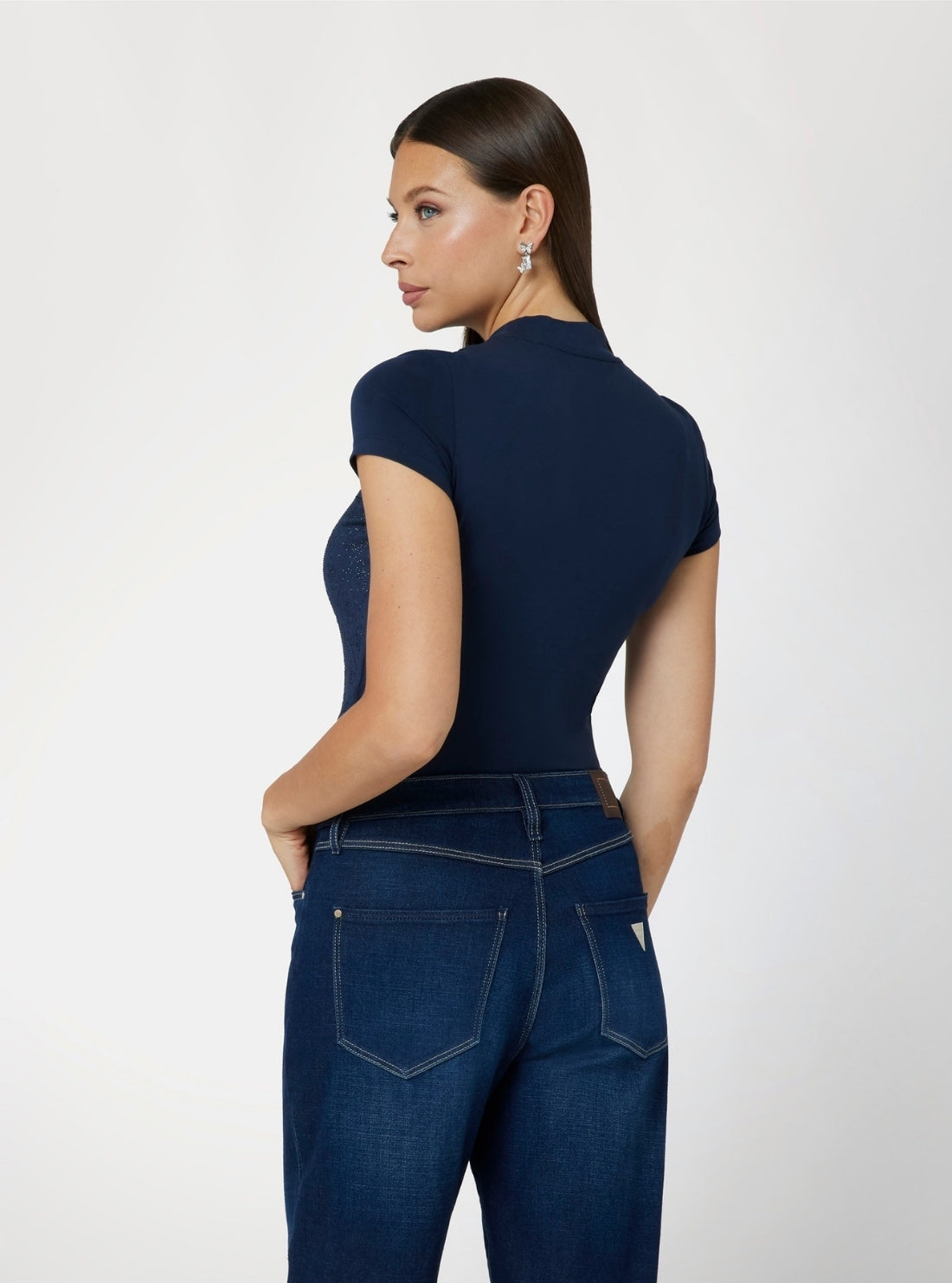 GUESS Womens Blue 4G All-Over Mock Neck T-Shirt W4BI26J1314 Back View