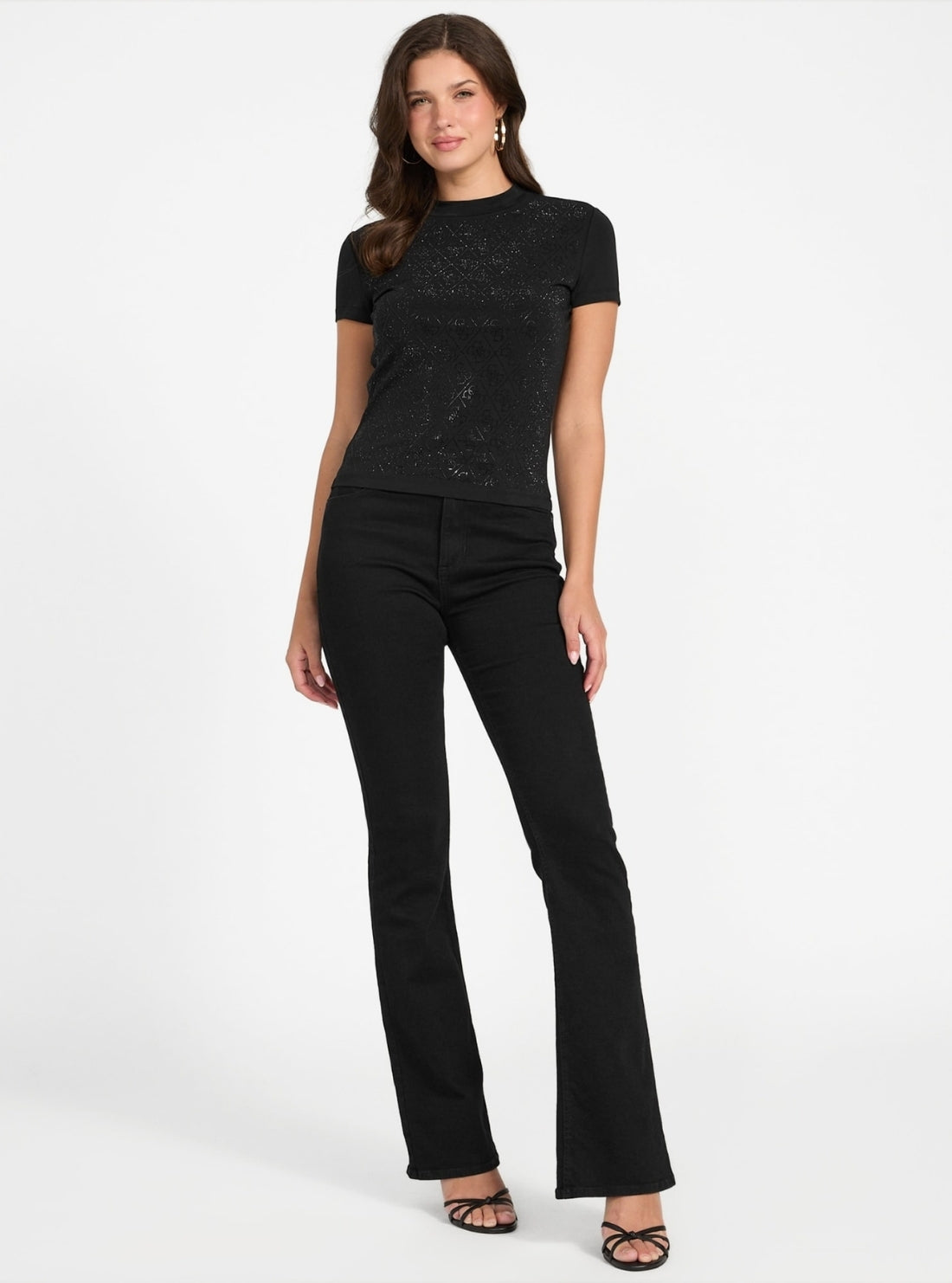 GUESS Womens Black Logo Mock Neck T-Shirt W4BI26J1314 Full View