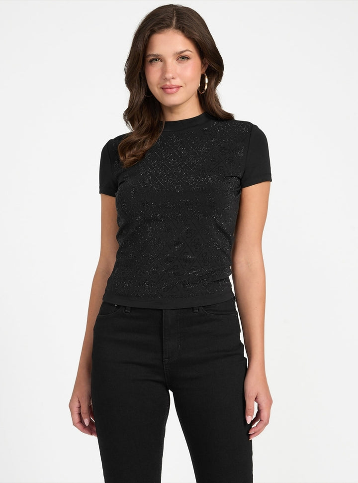 GUESS Womens Black Logo Mock Neck T-Shirt W4BI26J1314 Front View 