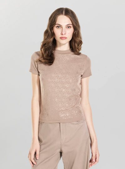 GUESS Womens Silk Taupe All Over 4G Mock Neck T-Shirt W4BI26J1314 Front View