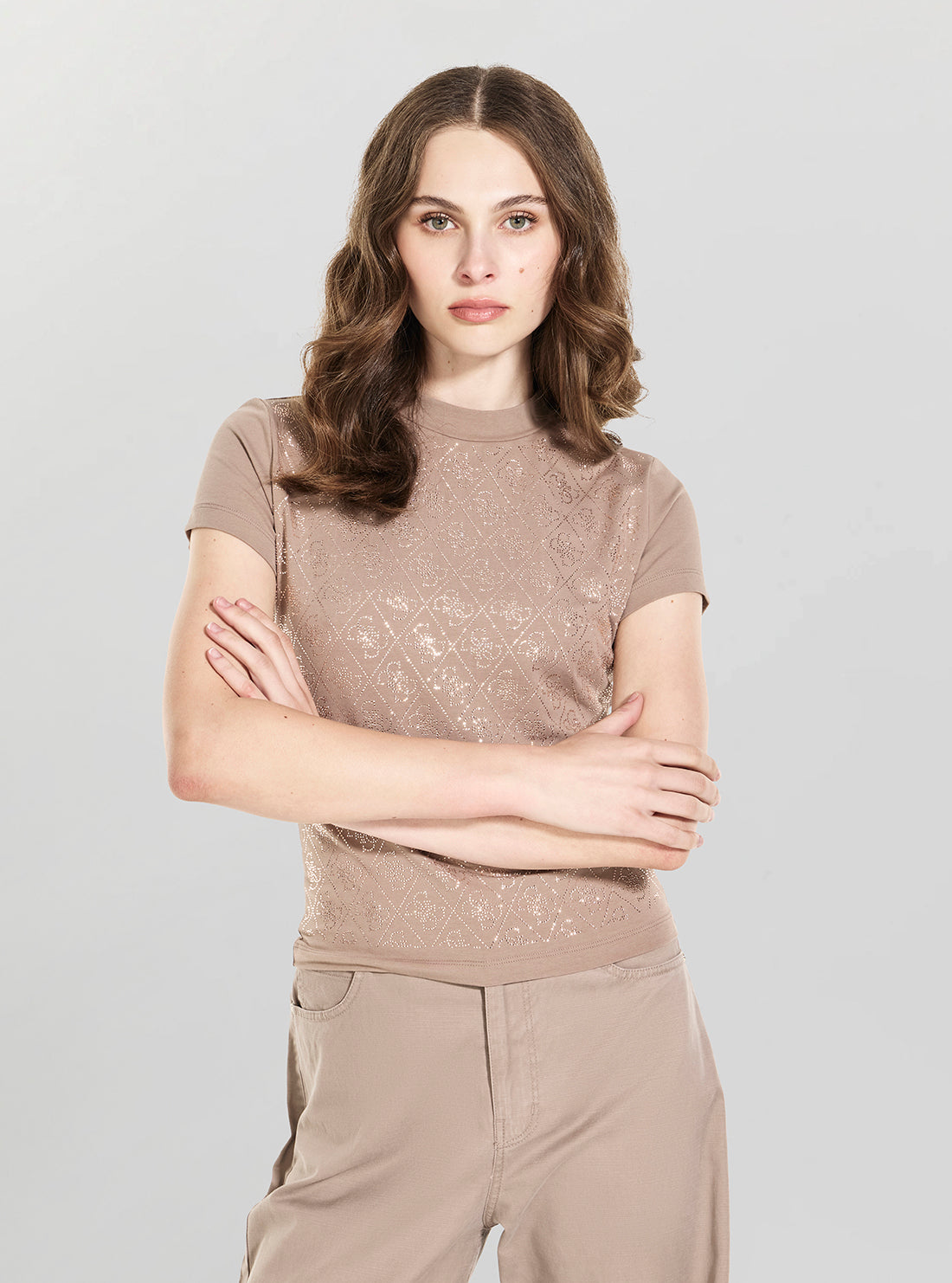 GUESS Womens Silk Taupe All Over 4G Mock Neck T-Shirt W4BI26J1314 Front View2
