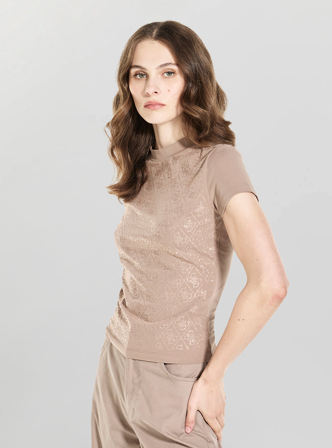 GUESS Womens Silk Taupe All Over 4G Mock Neck T-Shirt W4BI26J1314 Side View