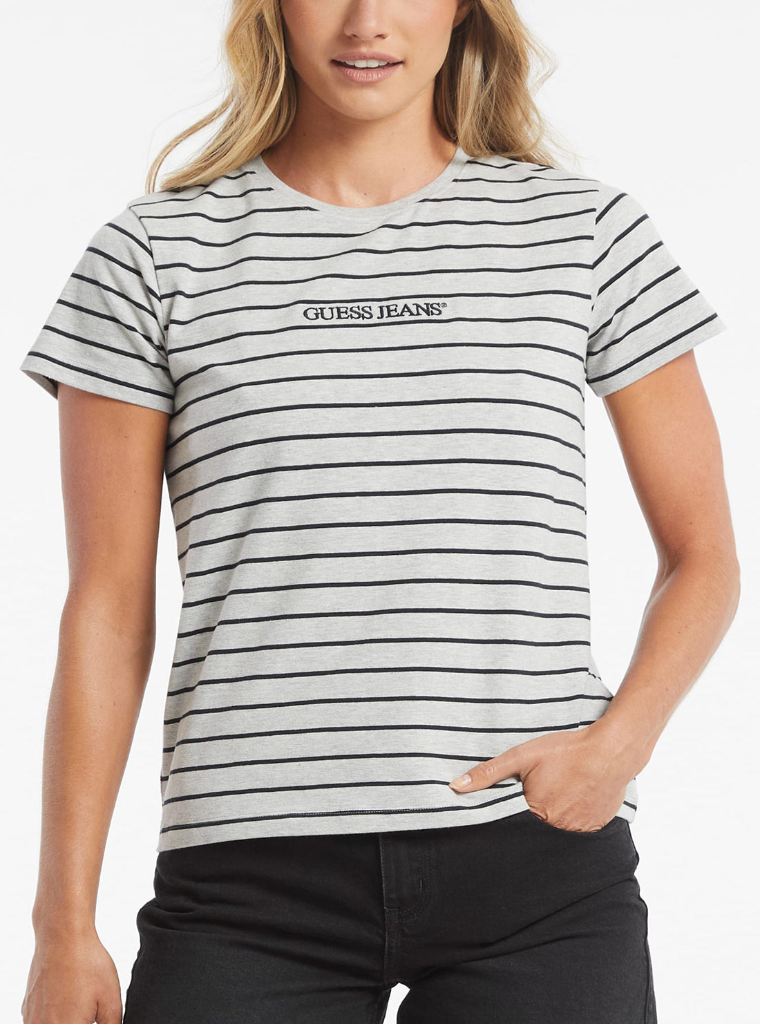 Guess Jeans White Striped T-Shirt CLOSE UP