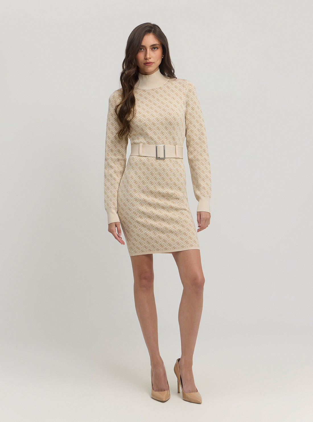 Beige Logo Belted Knit Midi Dress