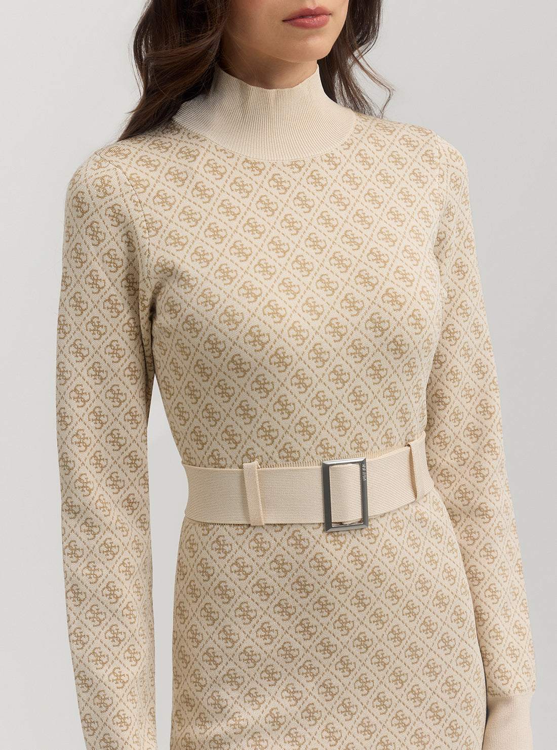 Beige Logo Belted Knit Midi Dress