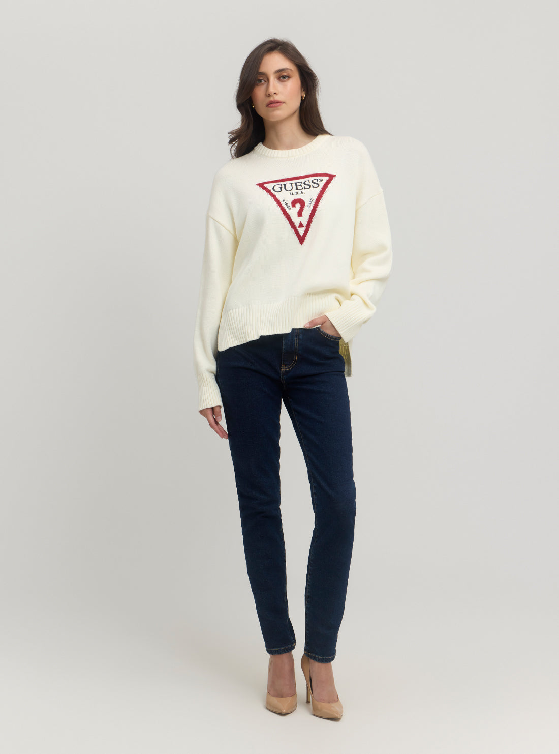 Guess Jeans Long Sleeve Crew Neck Big Triangle Sweater