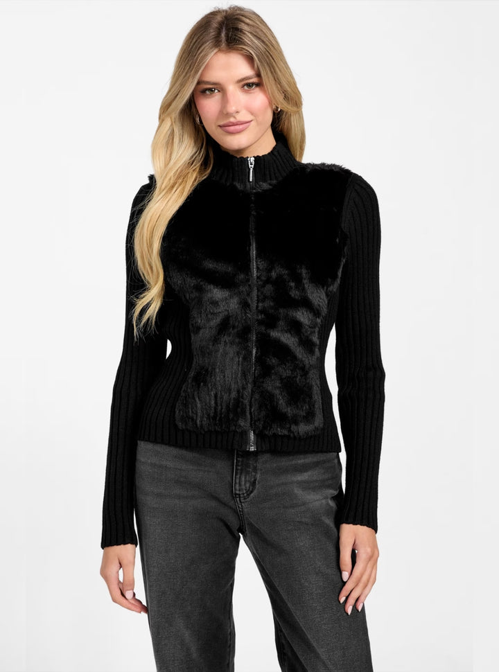 GUESS Womens Eco Black Fur Mix Mila Cardigan W4BR74Z2ZK2 Front View