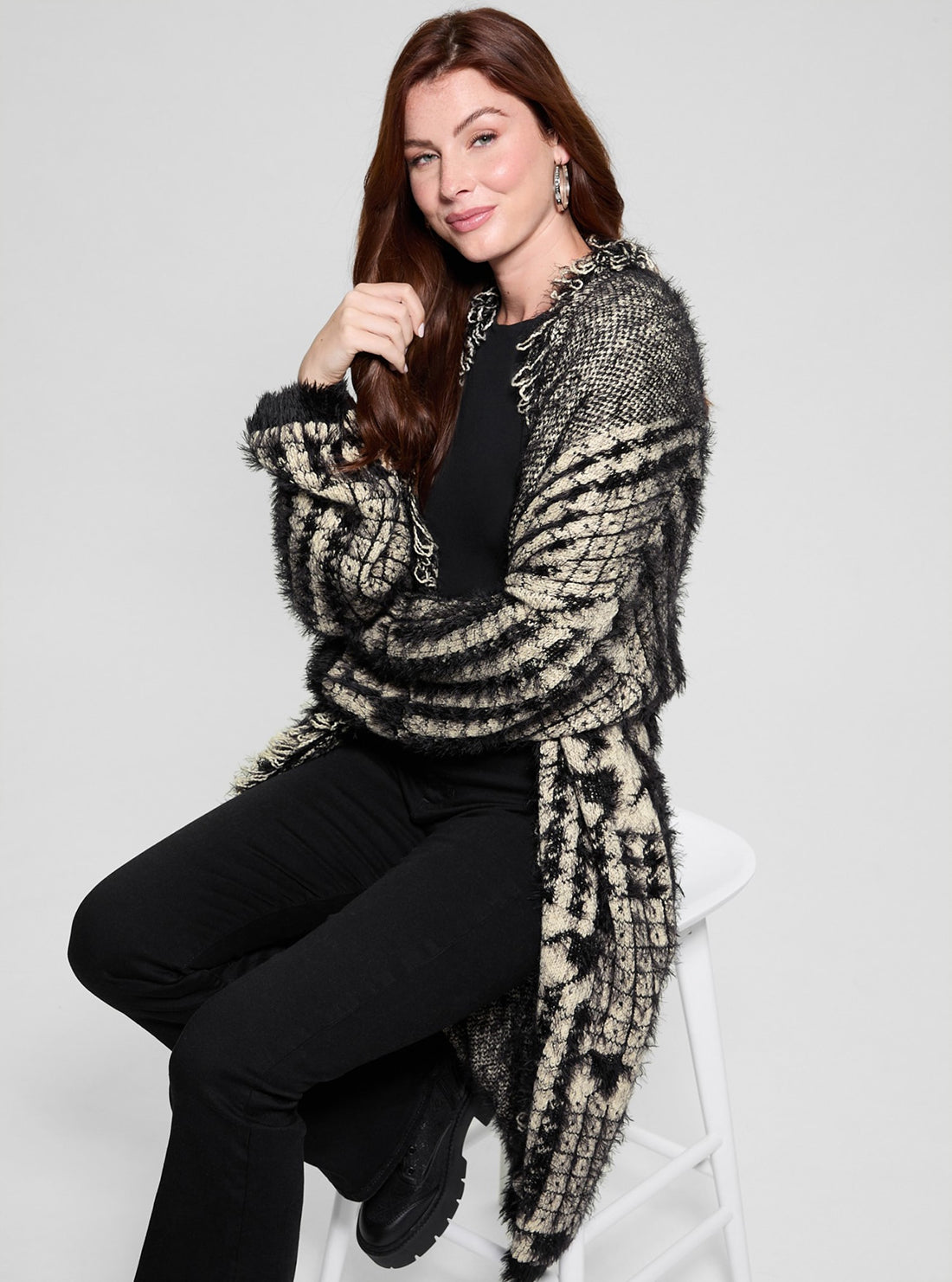 Black Print Fringed Patchwork Cardigan