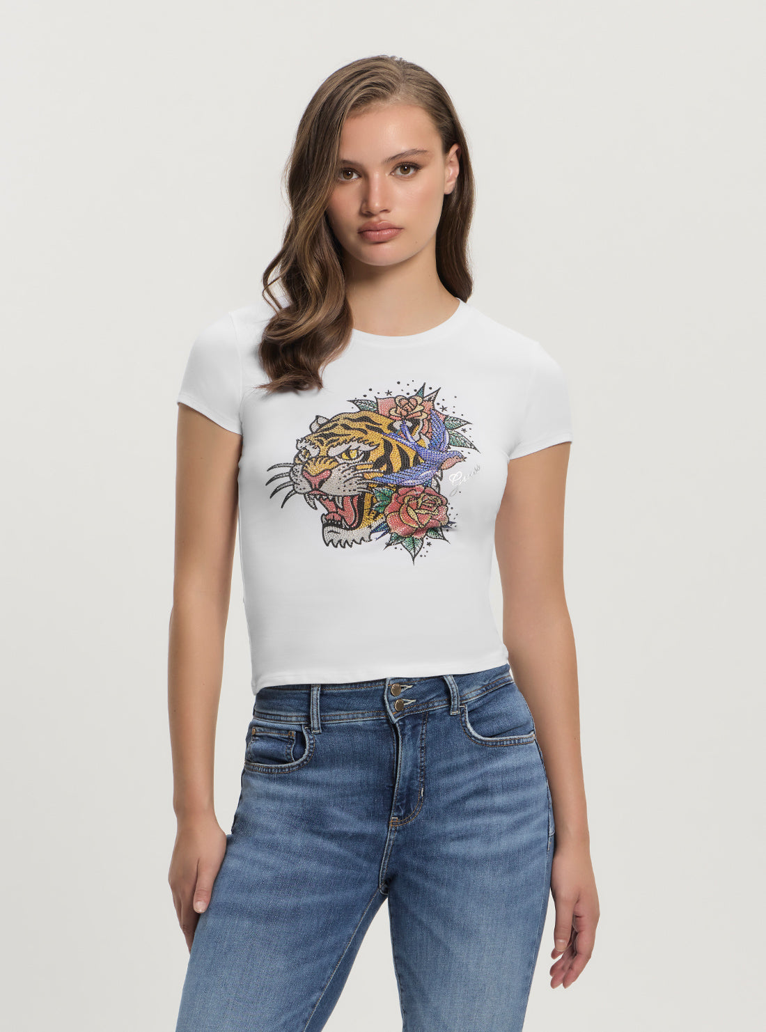 GUESS Womens White Crystal Tiger R5 T-Shirt W4GI43KA0Q1 Front View