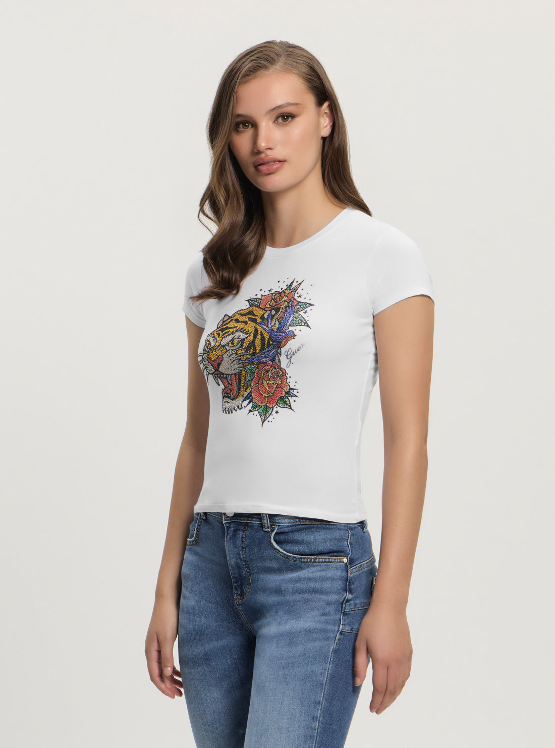 GUESS Womens White Crystal Tiger R5 T-Shirt W4GI43KA0Q1 Front Side View