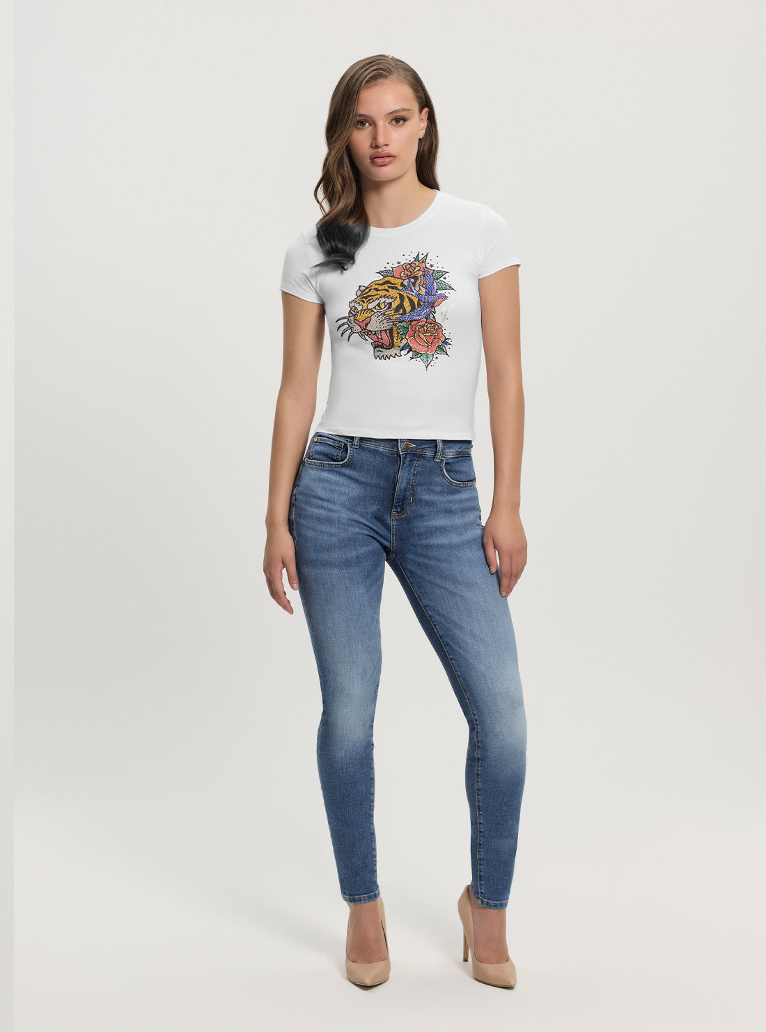 GUESS Womens White Crystal Tiger R5 T-Shirt W4GI43KA0Q1 Full View