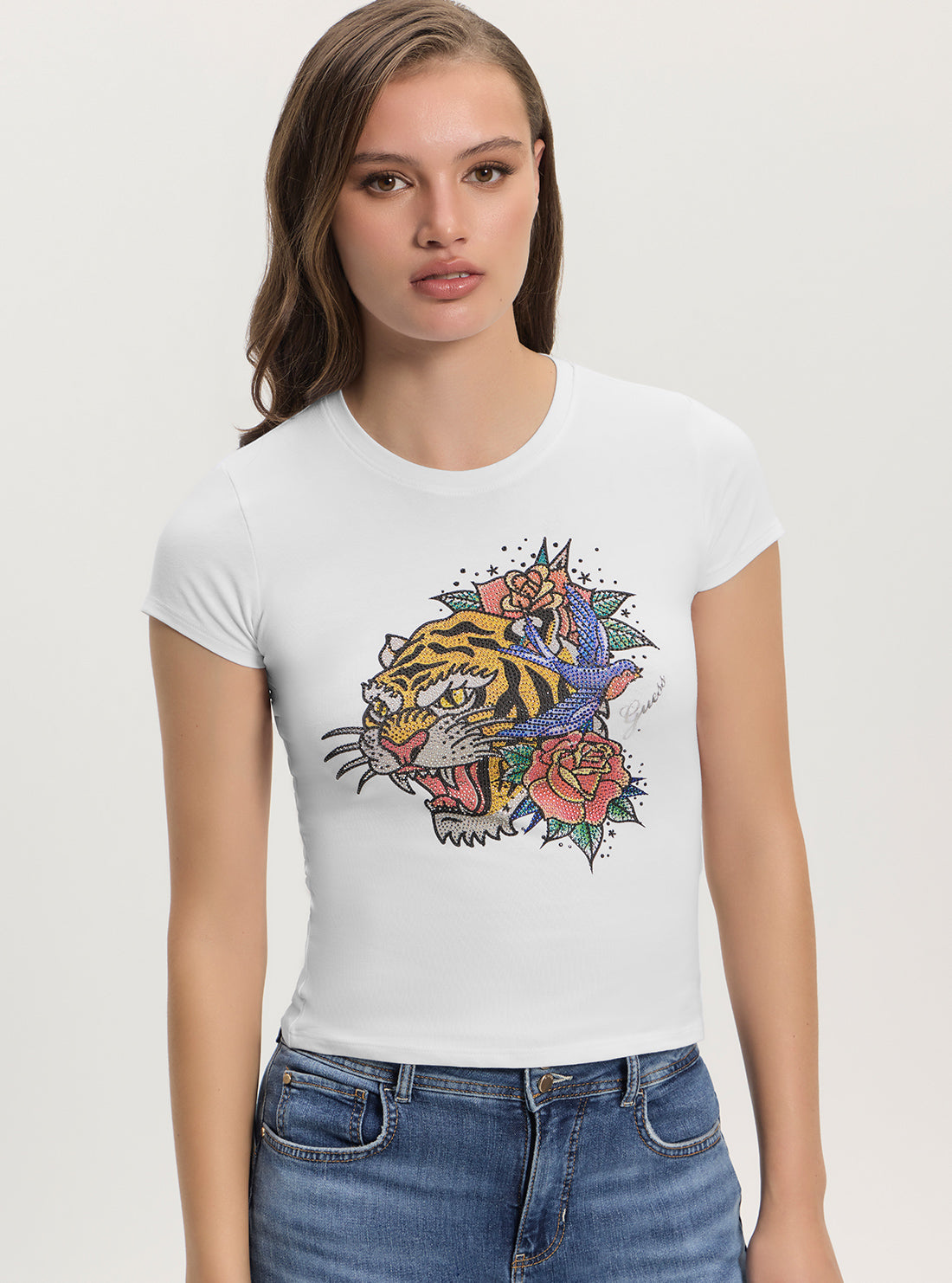 GUESS Womens White Crystal Tiger R5 T-Shirt W4GI43KA0Q1 Detail View