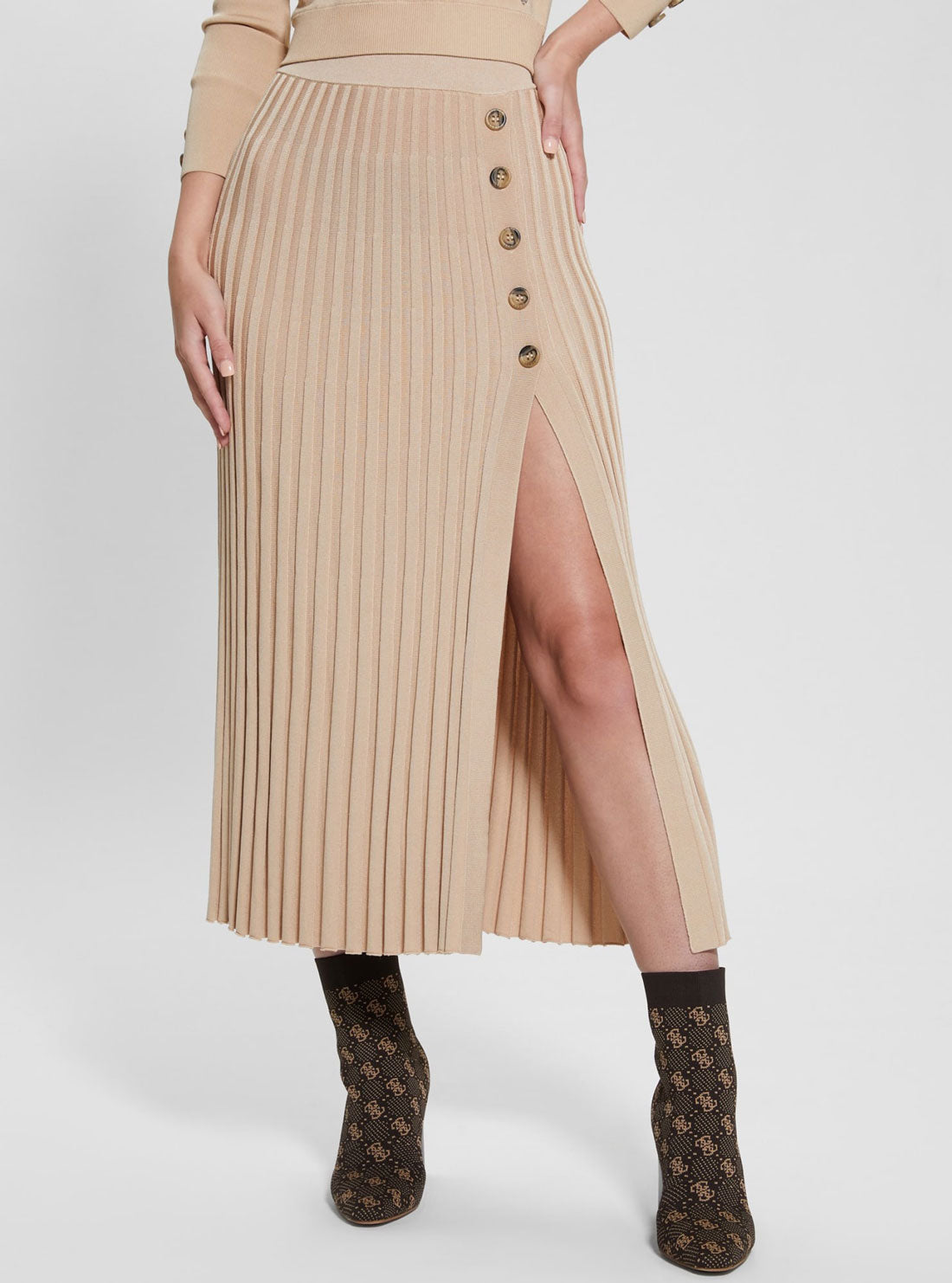 GUESS Beige Shopie Pleated Knit Skirt front view