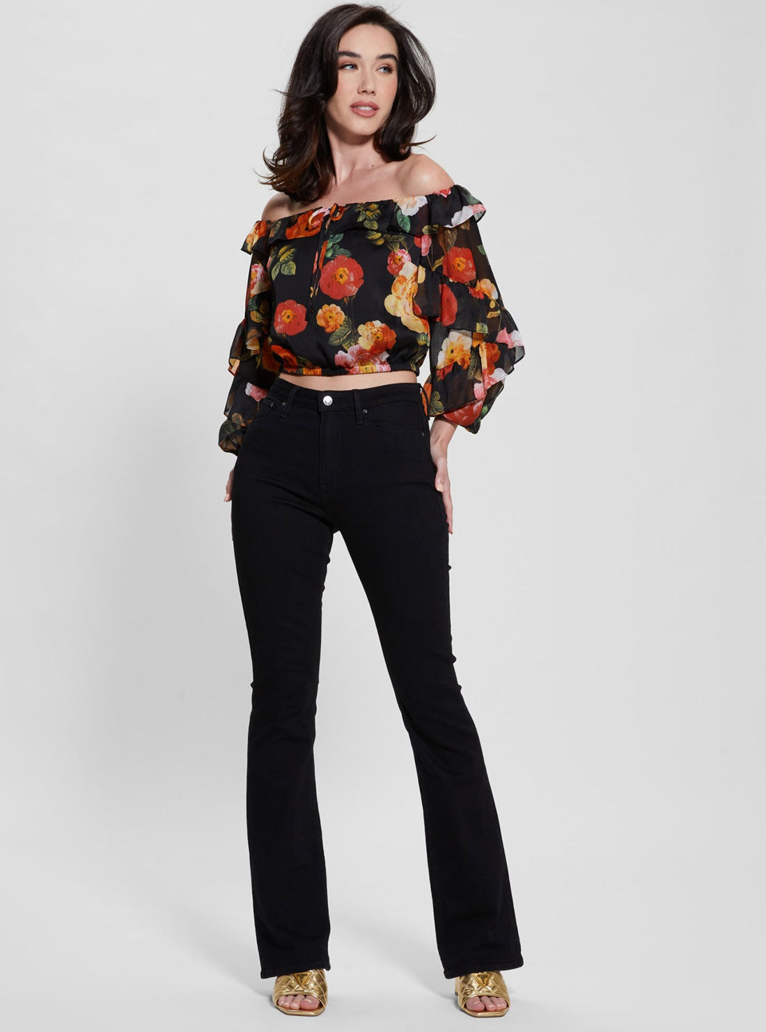GUESS Black Floral Shani Ruffle Top full view