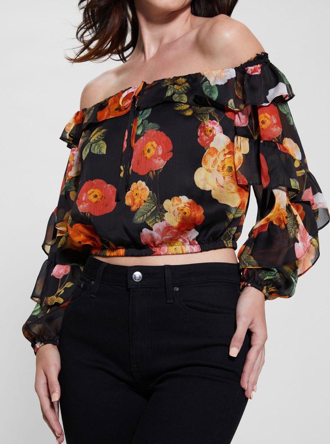 GUESS Black Floral Shani Ruffle Top detail view
