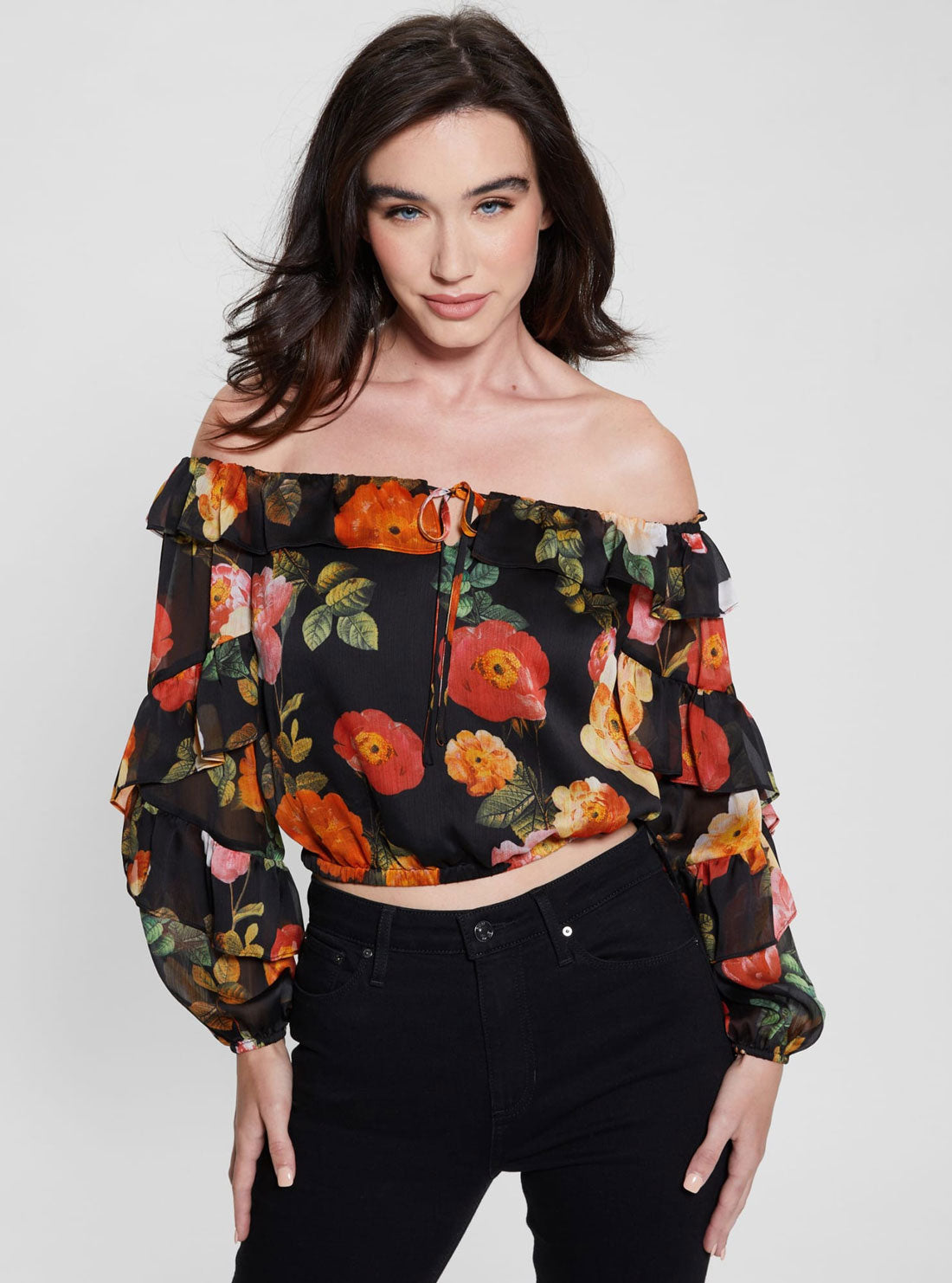 GUESS Black Floral Shani Ruffle Top front view