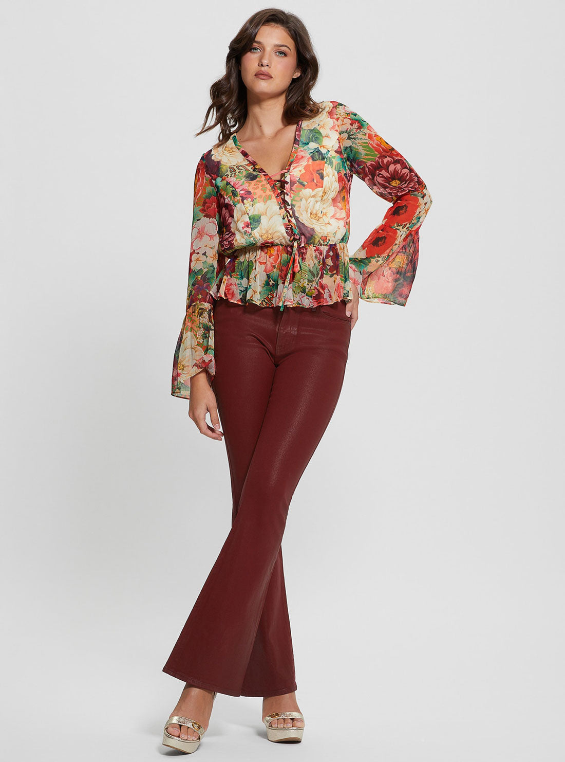 GUESS Floral Print Long Sleeve Demi Top full view