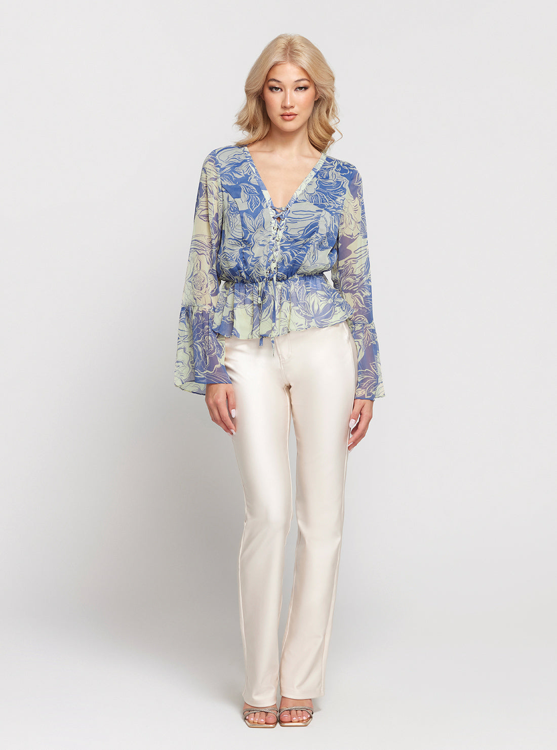 GUESS Blue Floral Print Long Sleeve Demi Top full view