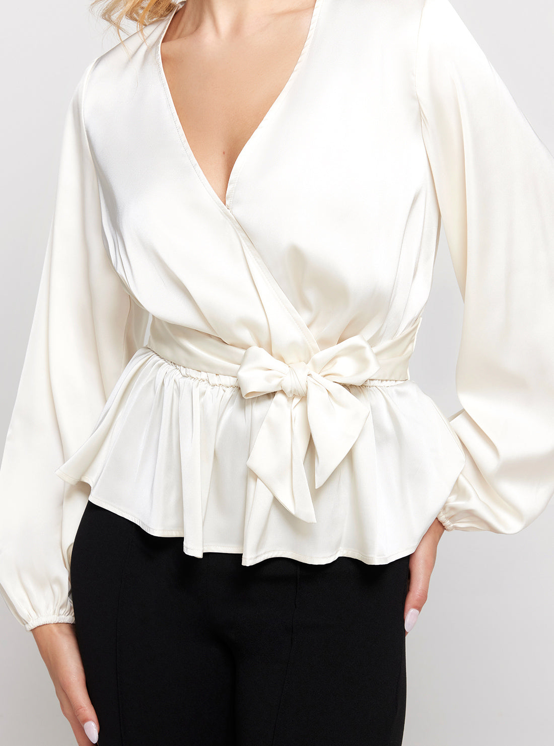 GUESS White Juley Long Sleeve Front Tie Top detail view