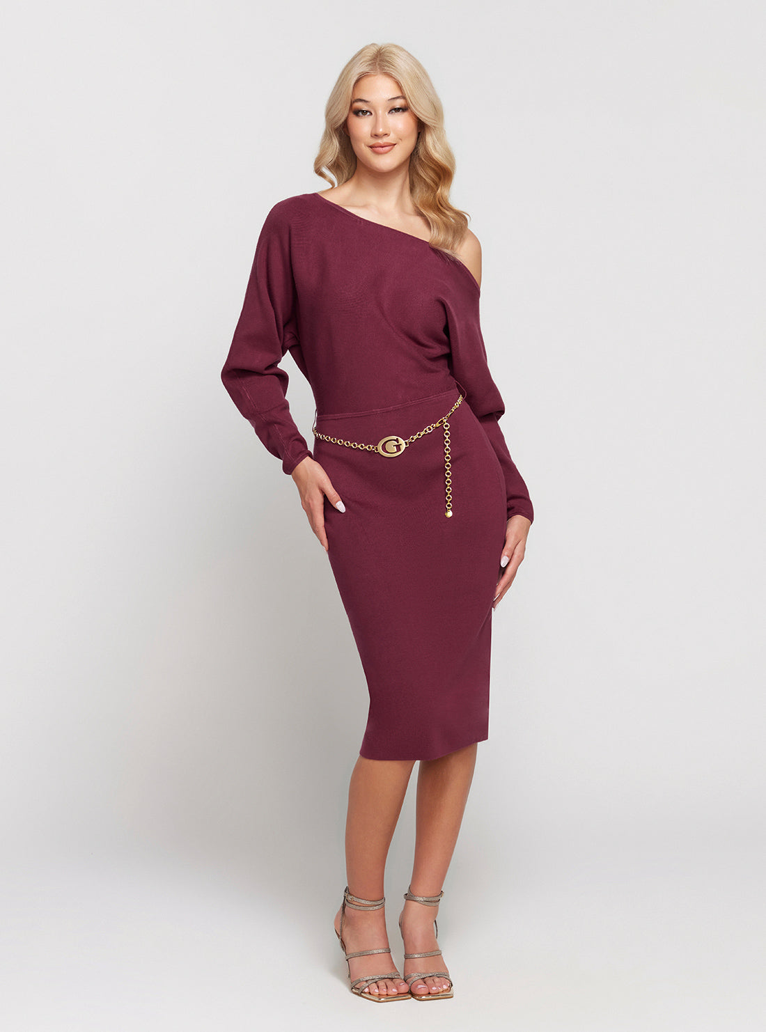 GUESS Dark Red Raven Long Sleeve Off Shoulder Midi Dress full view