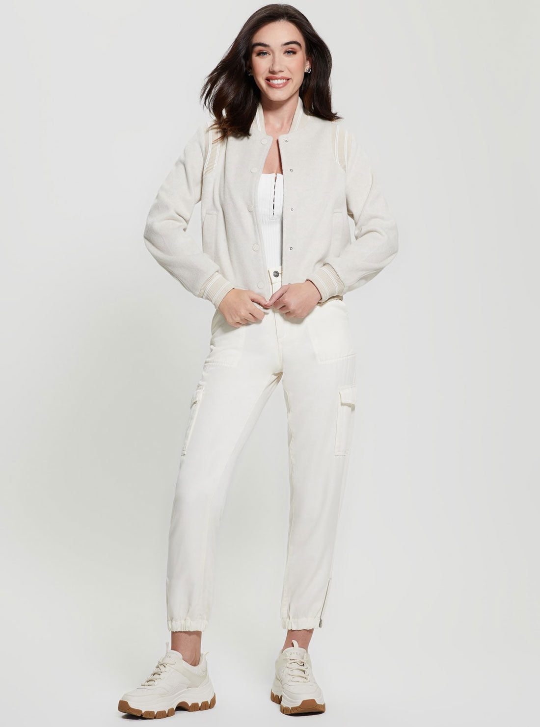 GUESS White Gloria Logo Bomber Jacket full view