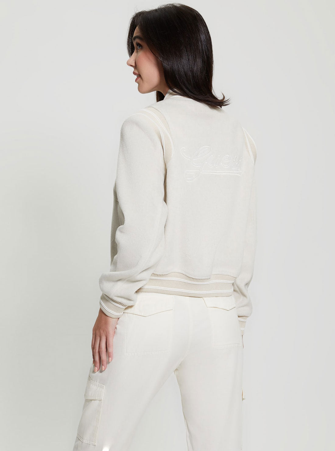 GUESS White Gloria Logo Bomber Jacket back view