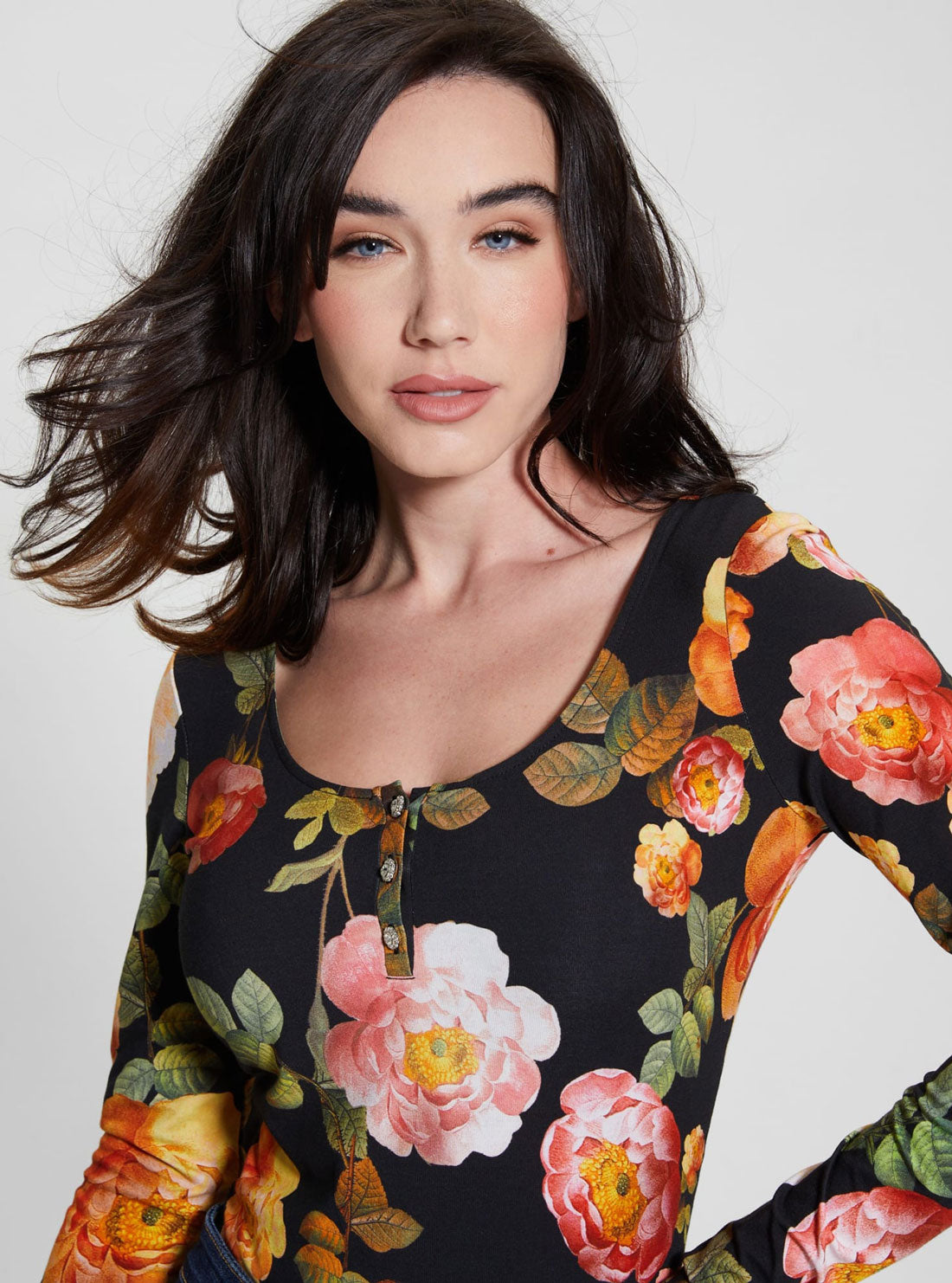 GUESS Black Floral Karla Henley Top detail view