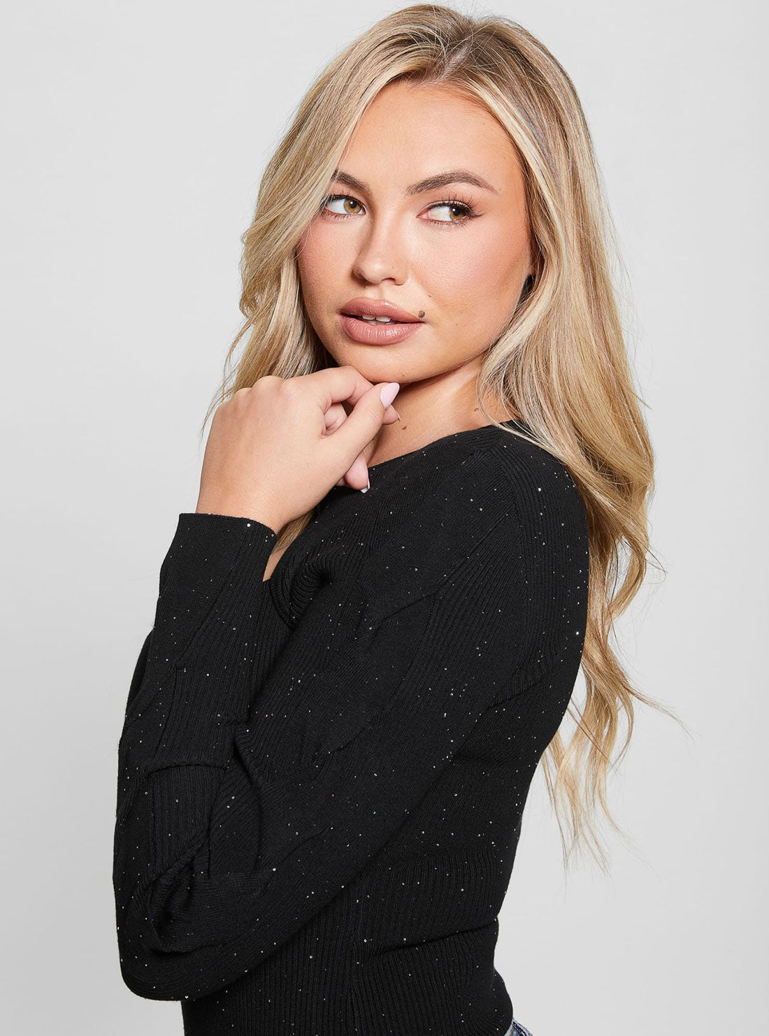 GUESS Black Long Sleeve Sequin Knit Top side view