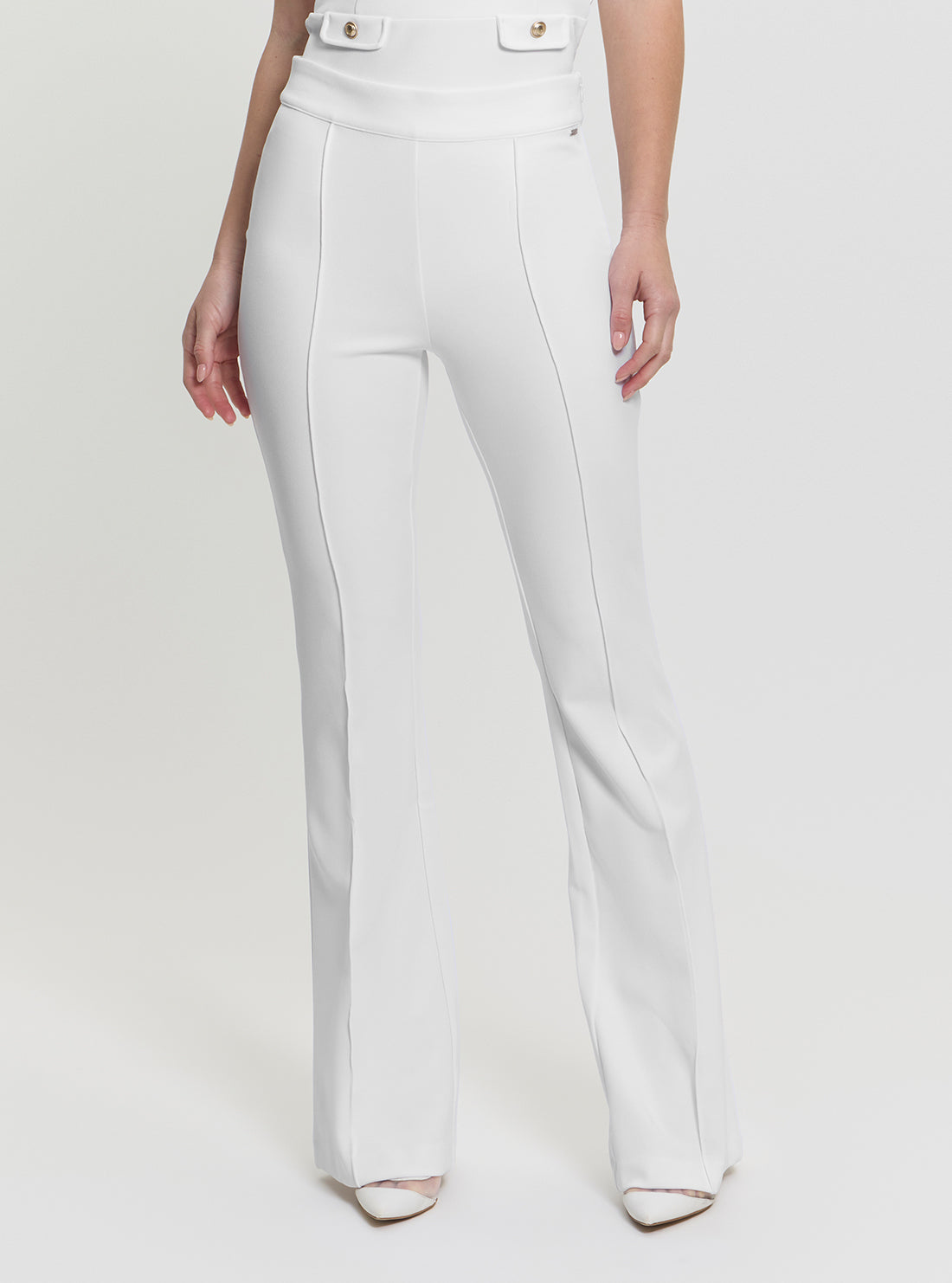 GUESS Womens White High-Rise Slim Fit Flared Evelina Pants W4YB01KCBO2 Front View