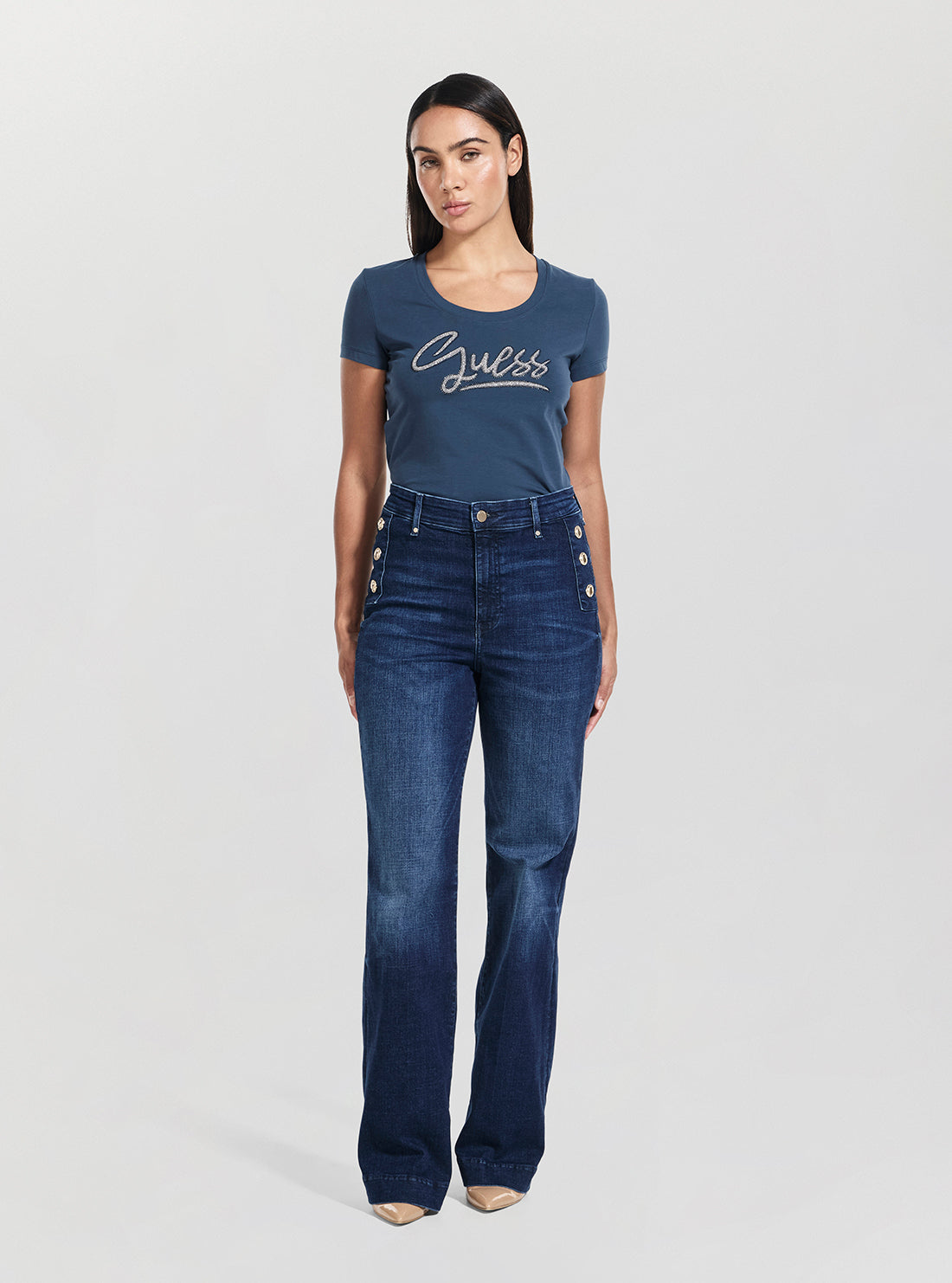 GUESS Womens Blue High-Rise New Faye Pant W5BA0PD0791 Full View