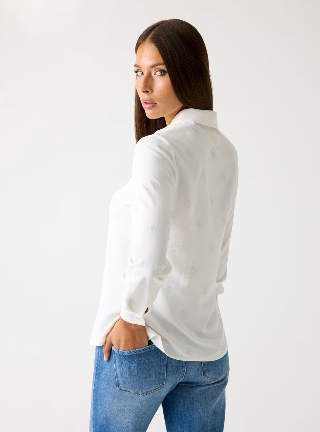 GUESS Womens Eco White Flore Logo Hotfix Shirt W5BH80W2982 Back View