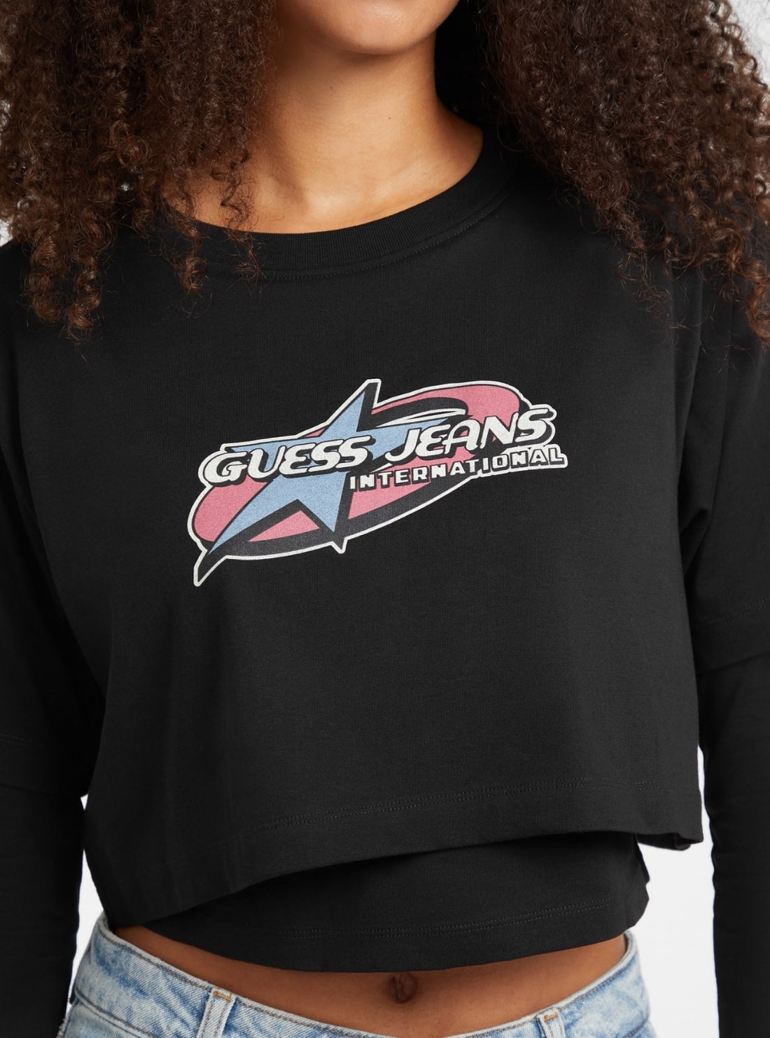 Guess Jeans Black Boxy Twofer Star Printed T-Shirt W5BI10K8HM0 Detail View