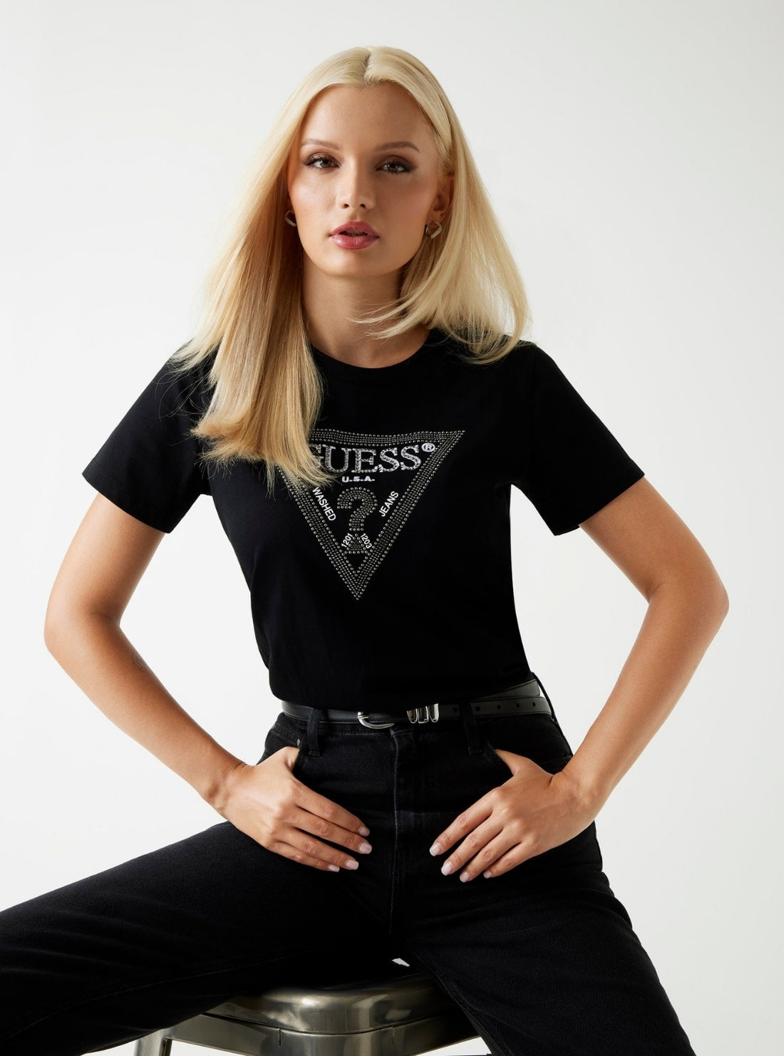 GUESS Womens Black Krystal Logo T-Shirt W5BI18I3Z14 Front View2
