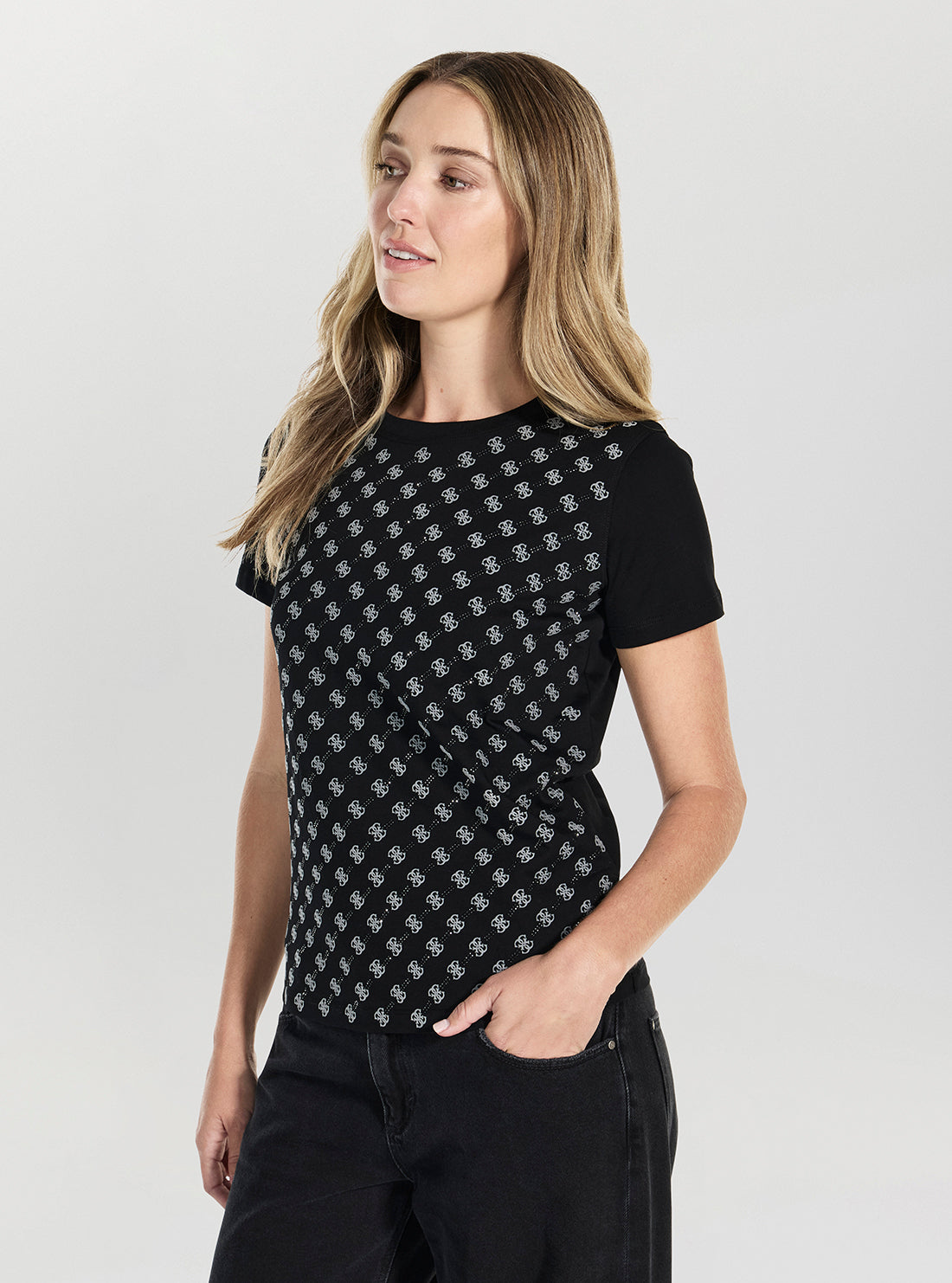 GUESS Womens Eco Black 4G Allover T-Shirt W5BI21I3Z14 Side View