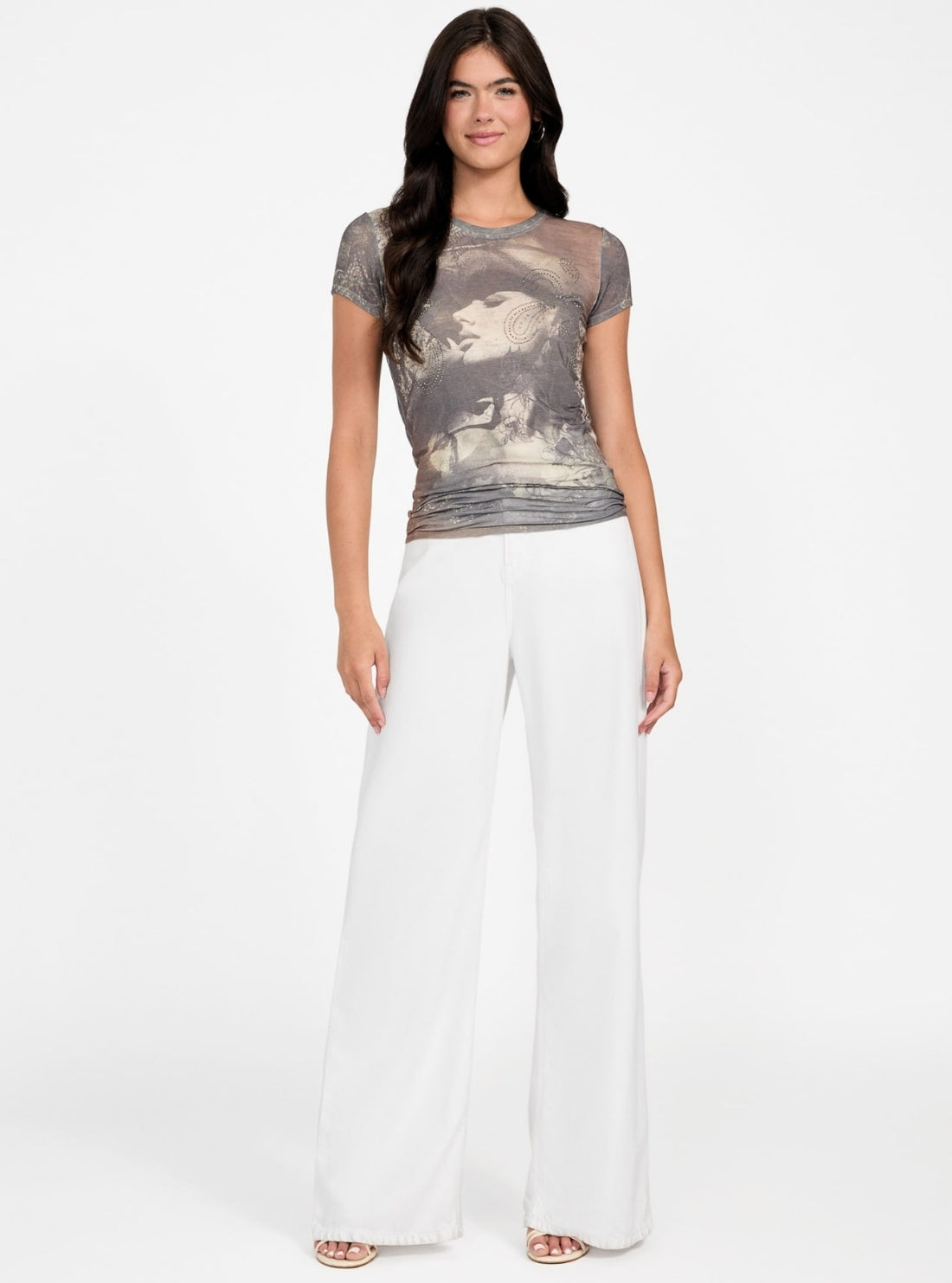 GUESS Womens Brown Multi Nostalgia Sublimation T-Shirt W5BI33K37Z0 Full View
