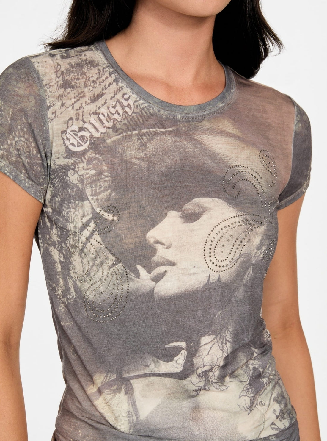 GUESS Womens Brown Multi Nostalgia Sublimation T-Shirt W5BI33K37Z0 Detail View