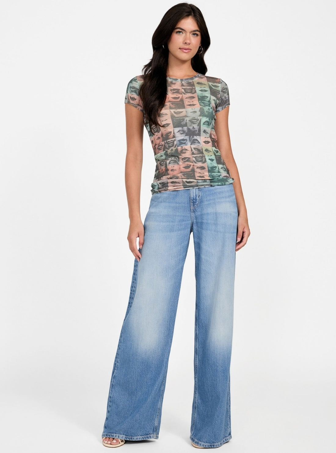 GUESS Womens Multi Checkered Lips Graphic T-Shirt W5BI38K37Z0 Full View