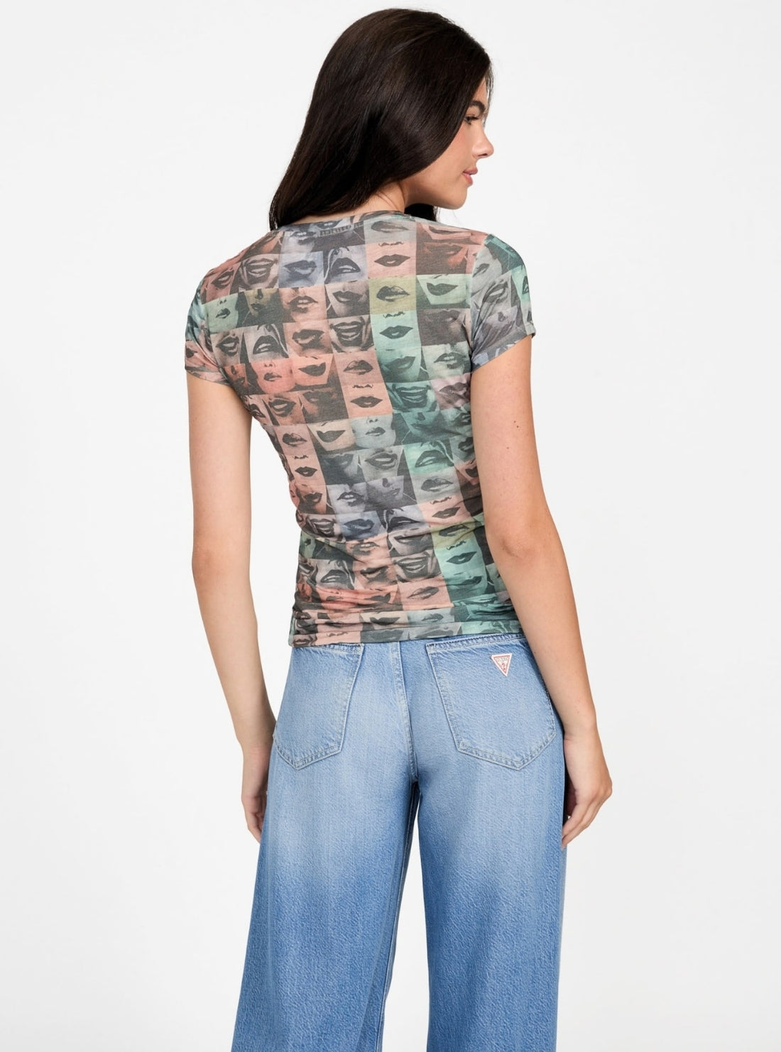 GUESS Womens Multi Checkered Lips Graphic T-Shirt W5BI38K37Z0 Back View