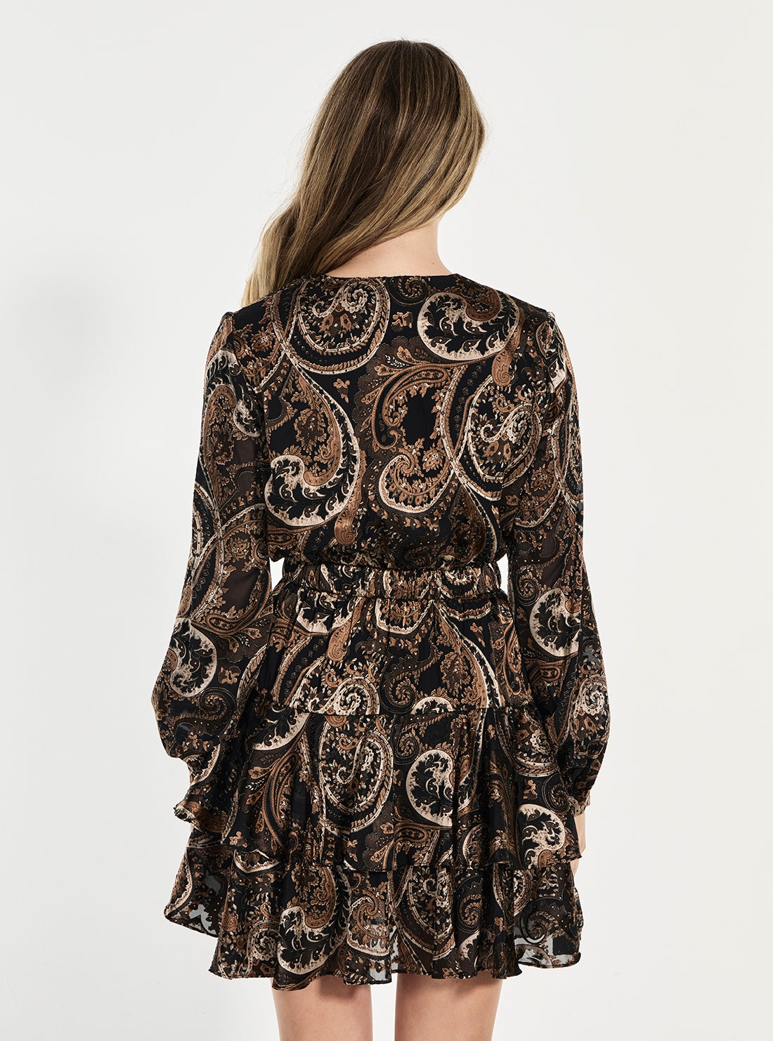 GUESS Womens Paisley Print Clarisse Flare Mini Dress W5BK53W2770 Back View