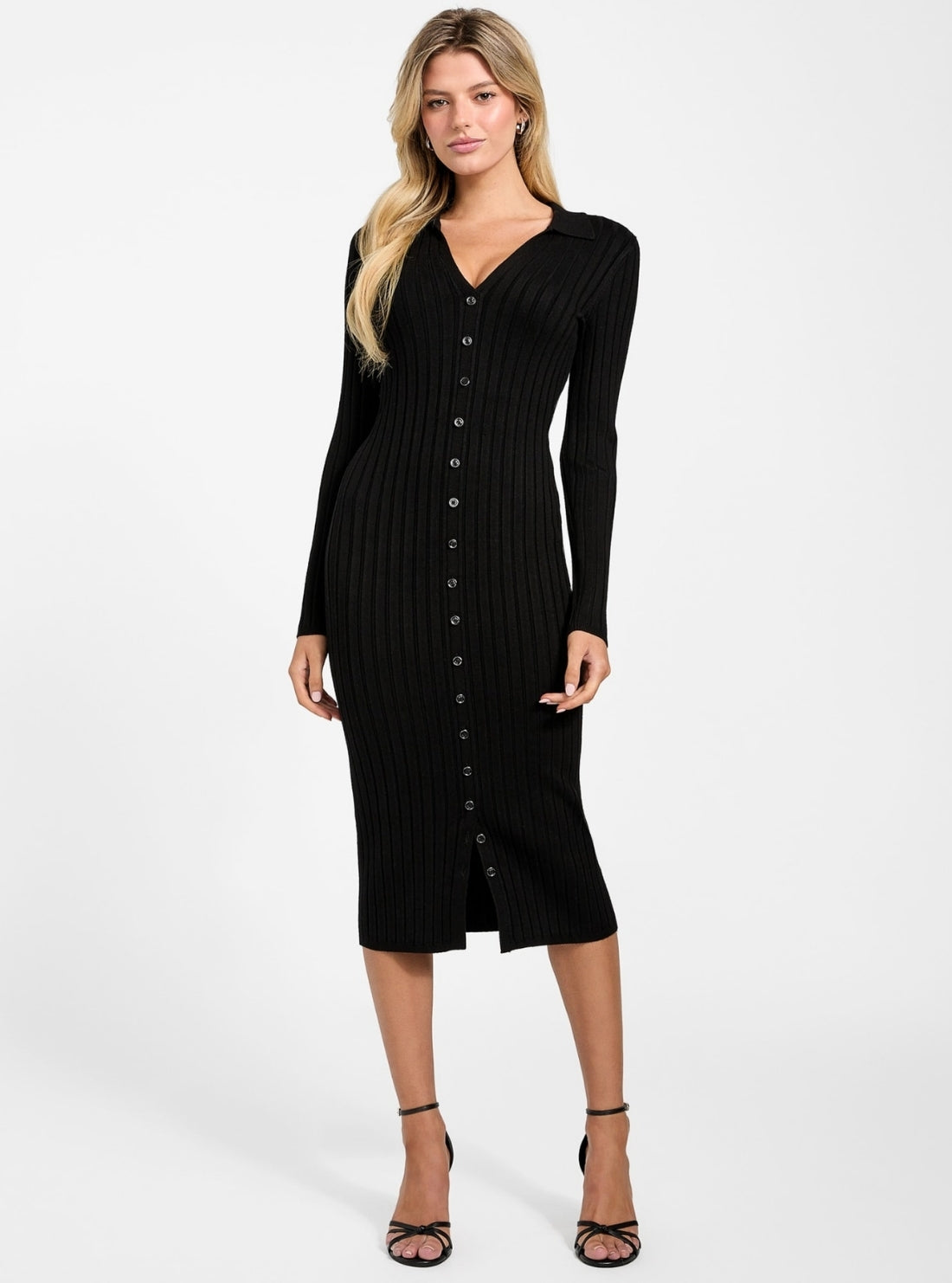 GUESS Womens Eco Black Miranda Ribbed Sweater Dress W5BK60Z2YJ2 Front View
