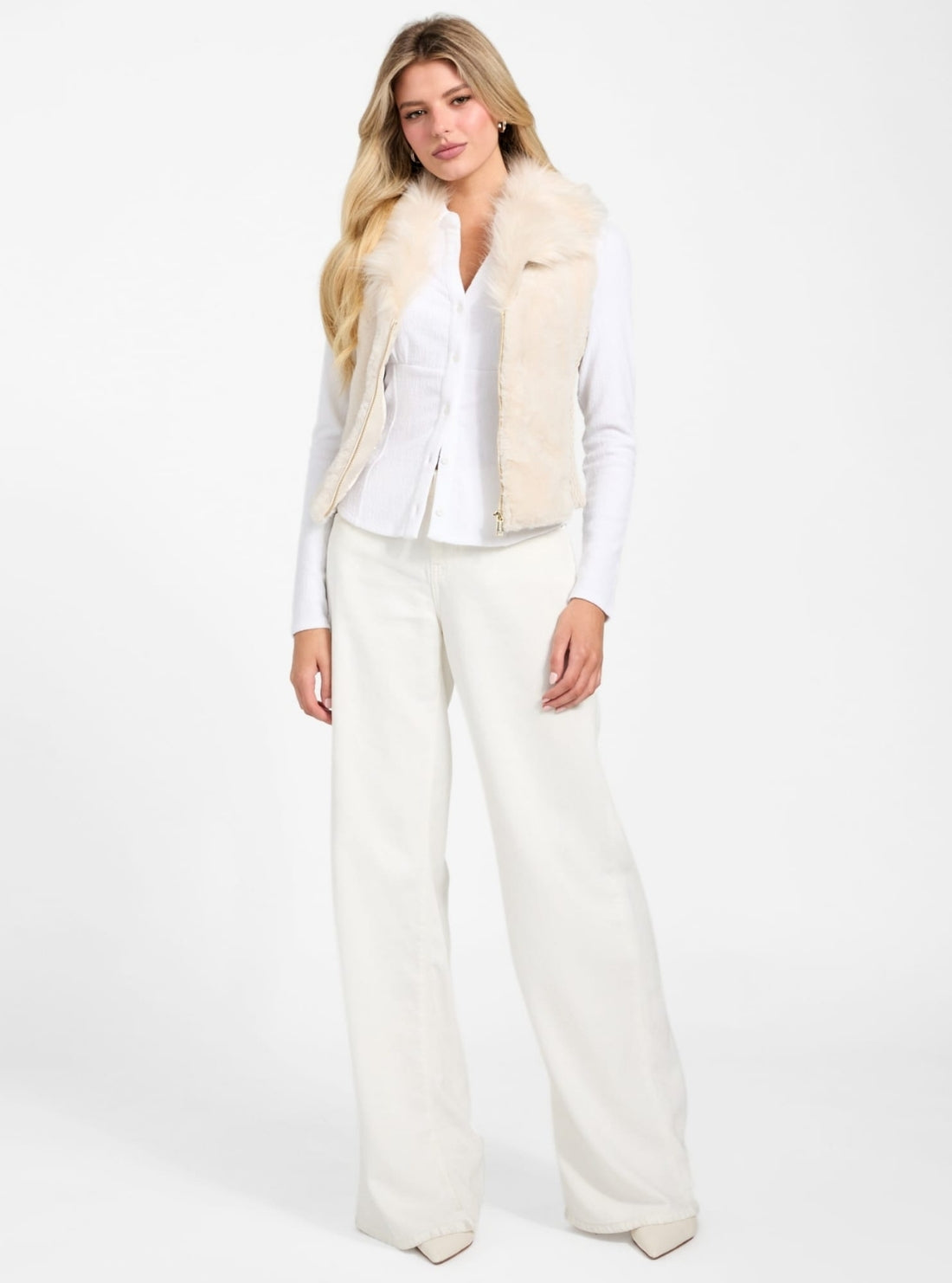 GUESS Womens Beige Amari Faux-Fur Vest W5BL0IKCP70 Full View