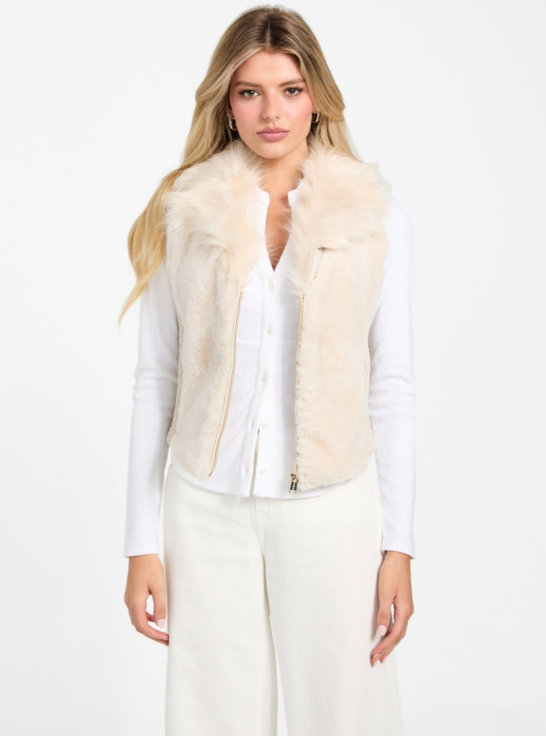 GUESS Womens Beige Amari Faux-Fur Vest W5BL0IKCP70 Front View