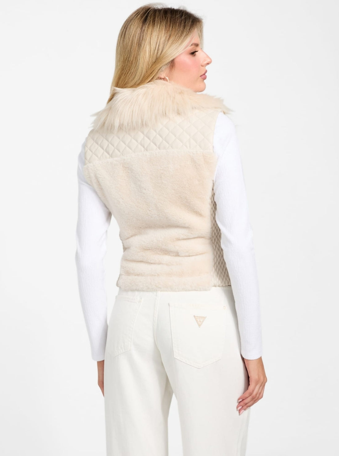 GUESS Womens Beige Amari Faux-Fur Vest W5BL0IKCP70 Back View