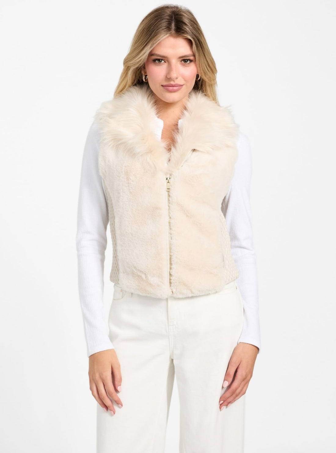 GUESS Womens Beige Amari Faux-Fur Vest W5BL0IKCP70 Front View