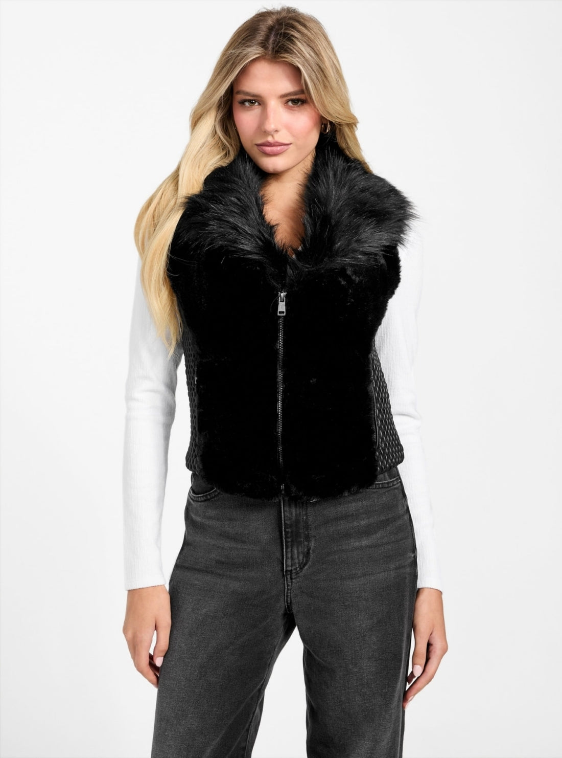 GUESS Womens Black Amari Faux-Fur Vest W5BL0IKCP70 Front View